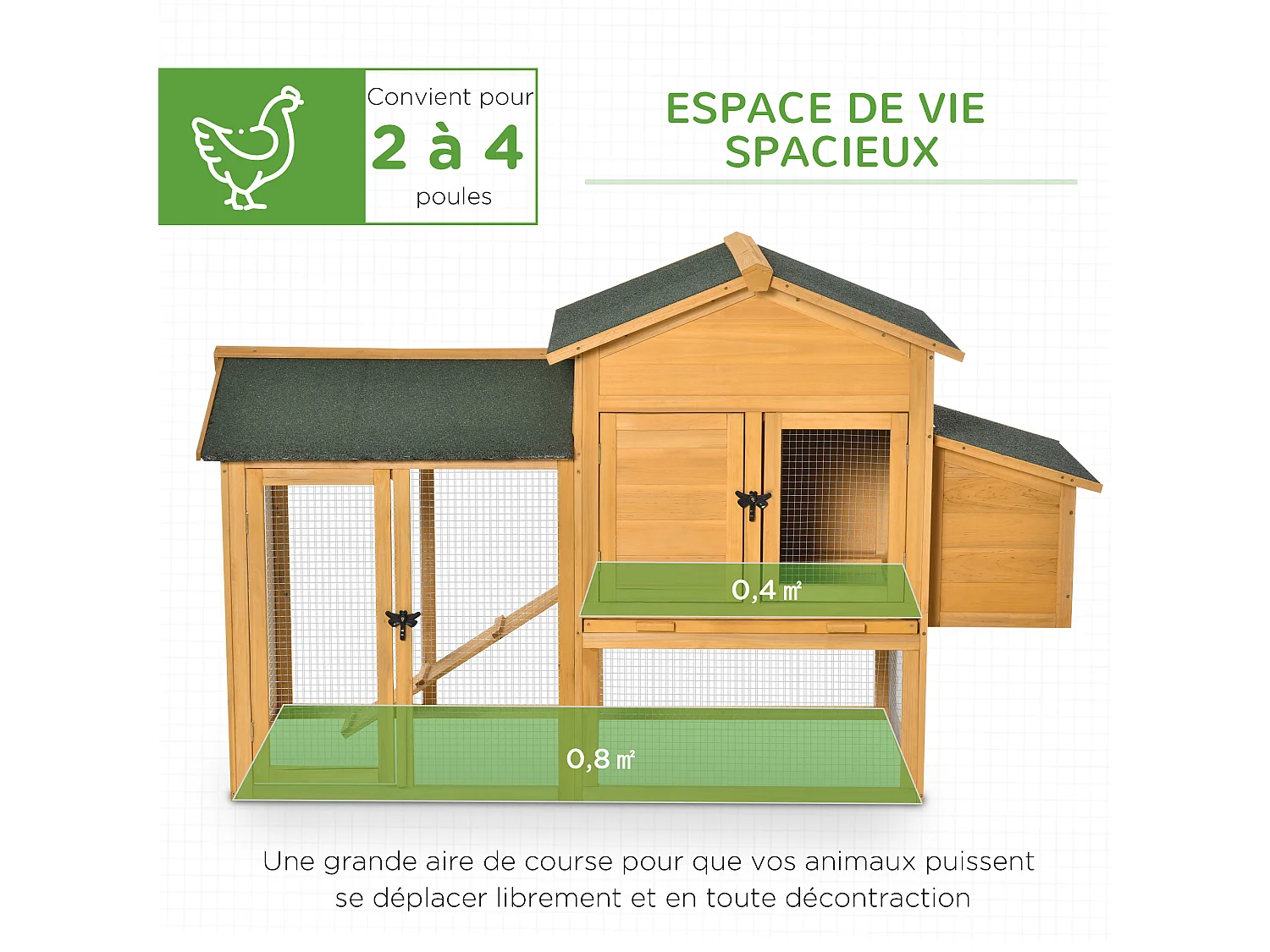 Poulailler cottage cage à poules sur pied dim. 168L x 75l x 103H cm multi-équipement bois sapin pré-huilé