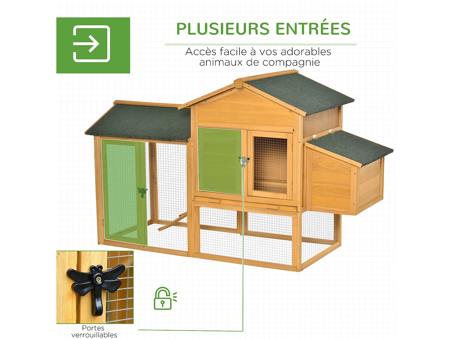 Poulailler cottage cage à poules sur pied dim. 168L x 75l x 103H cm multi-équipement bois sapin pré-huilé