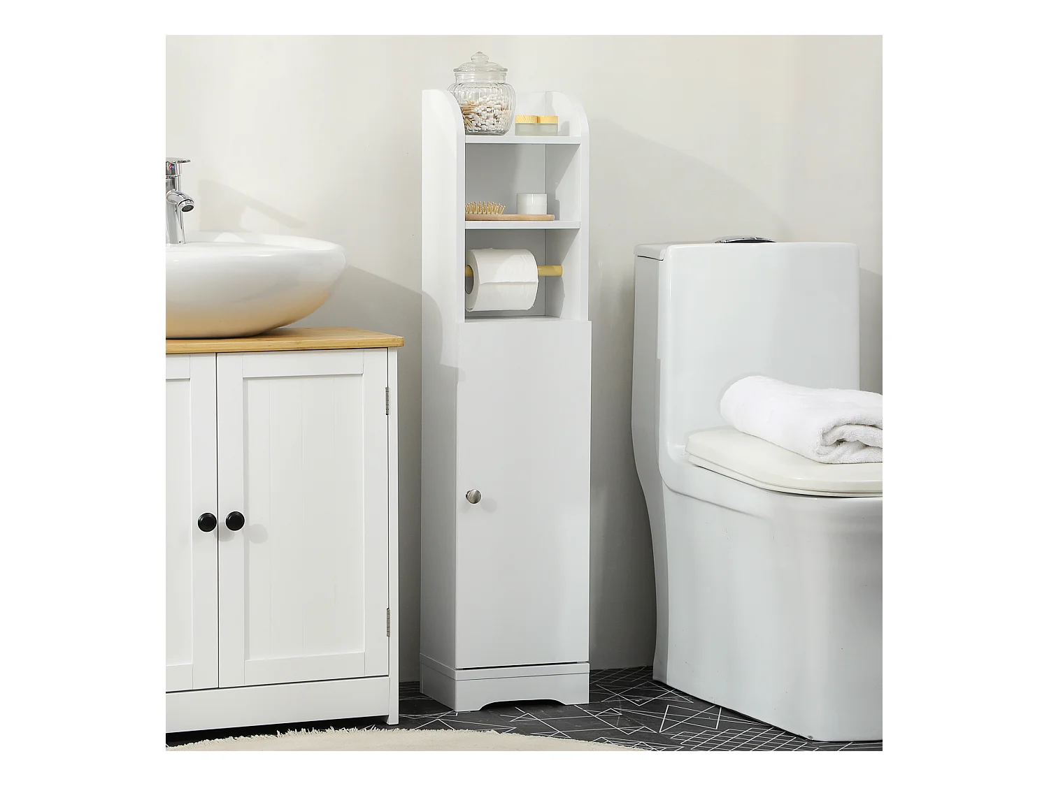 Meuble WC armoire toilette - porte, 2 étagères, niche, support papier - dim. 23L x 18l x 100H cm - blanc
