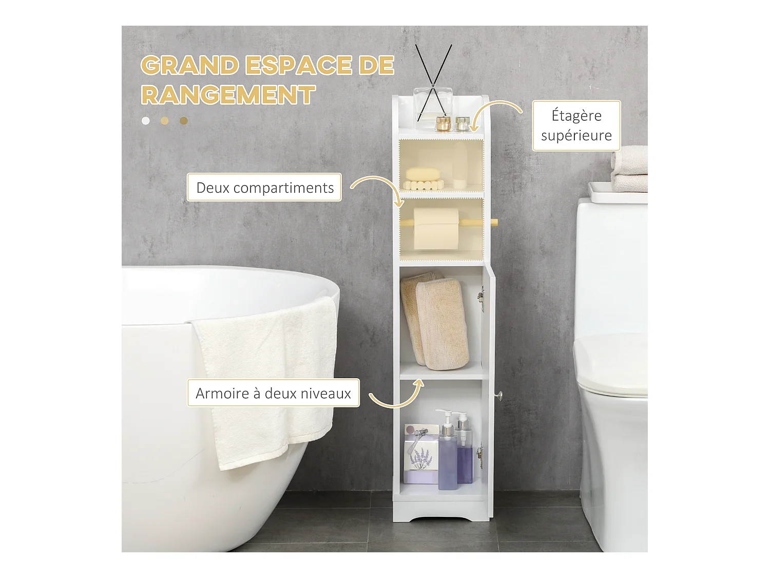 Meuble WC armoire toilette - porte, 2 étagères, niche, support papier - dim. 23L x 18l x 100H cm - blanc