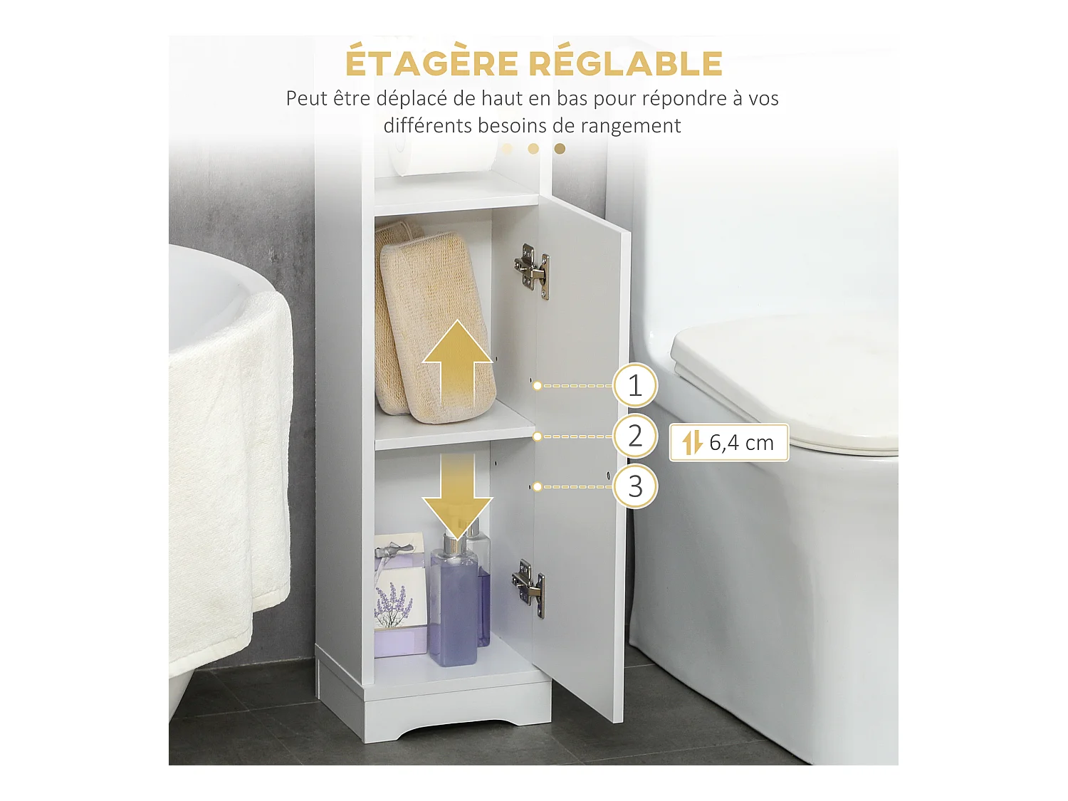 Meuble WC armoire toilette - porte, 2 étagères, niche, support papier - dim. 23L x 18l x 100H cm - blanc