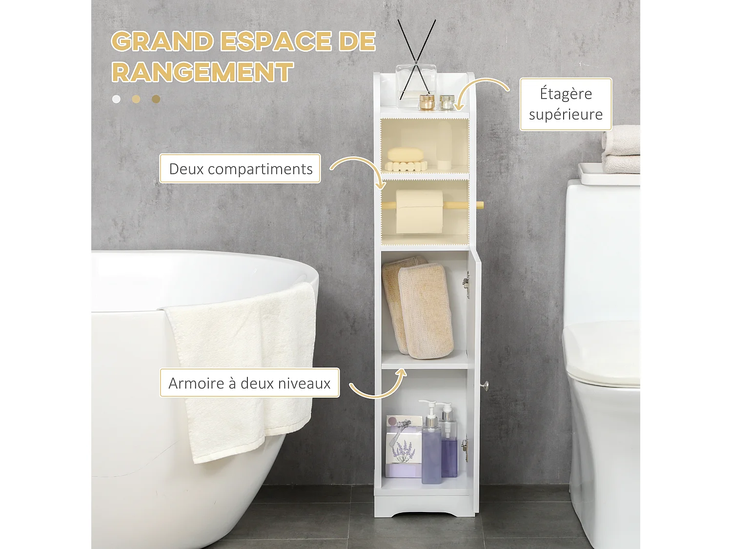 Meuble WC armoire toilette - porte, 2 étagères, niche, support papier - dim. 23L x 18l x 100H cm - blanc