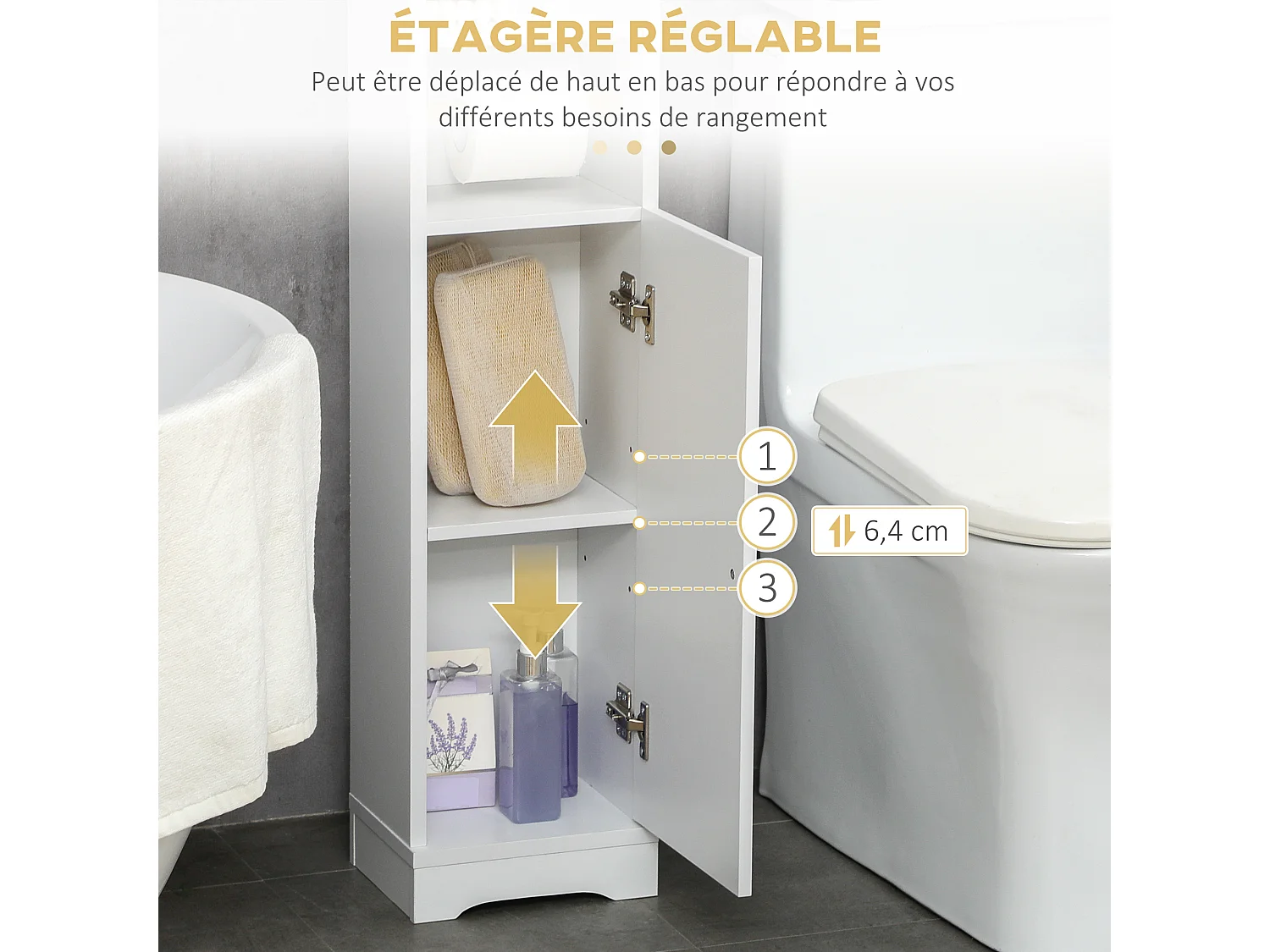 Meuble WC armoire toilette - porte, 2 étagères, niche, support papier - dim. 23L x 18l x 100H cm - blanc
