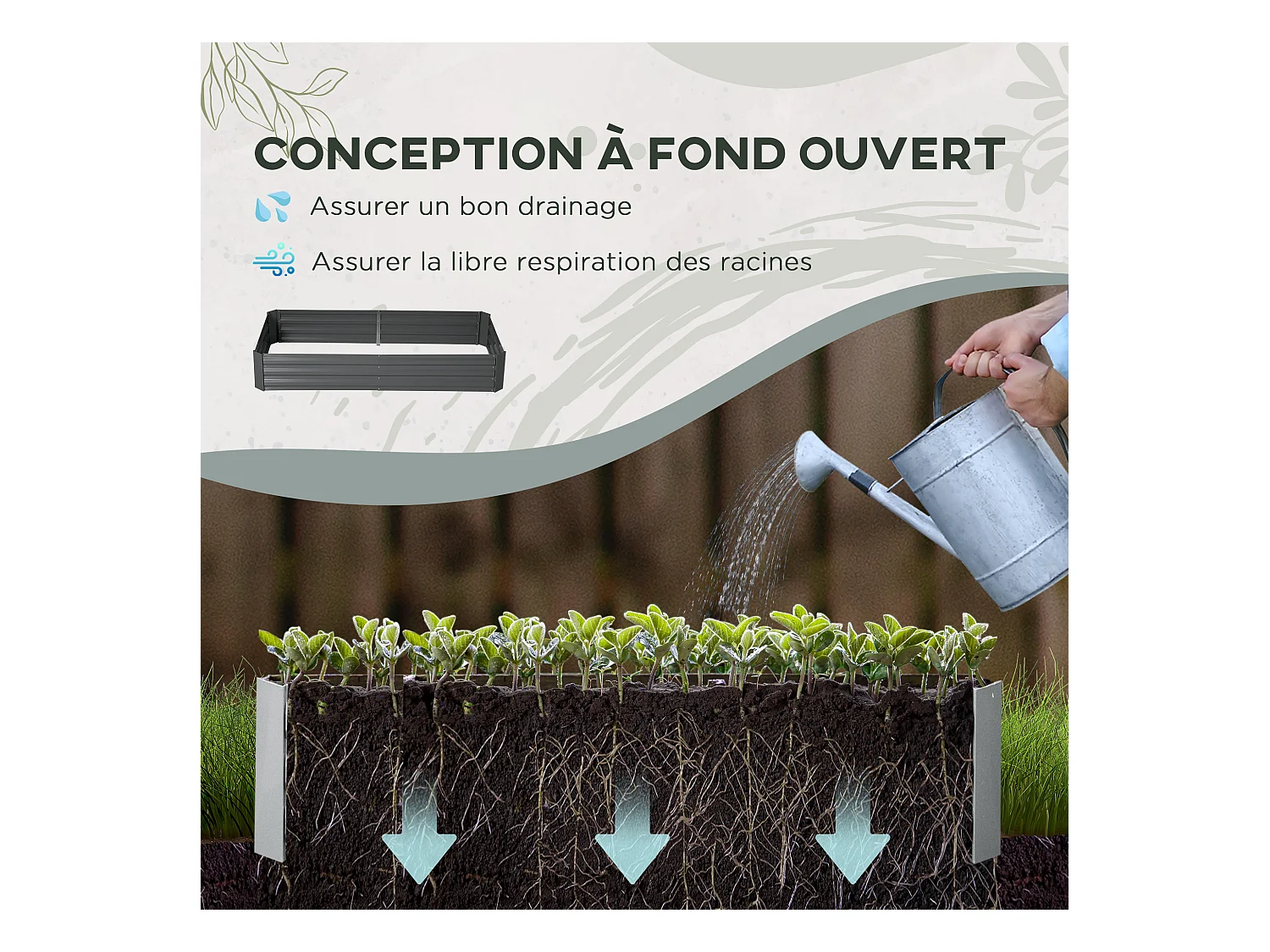 Carré potager de jardin avec tuteur modulable acier vert foncé - tôle d'acier ondulée gris clair