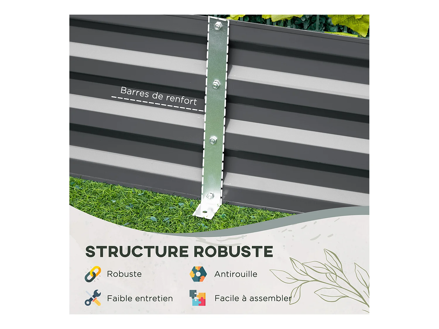 Carré potager de jardin avec tuteur modulable acier vert foncé - tôle d'acier ondulée gris clair