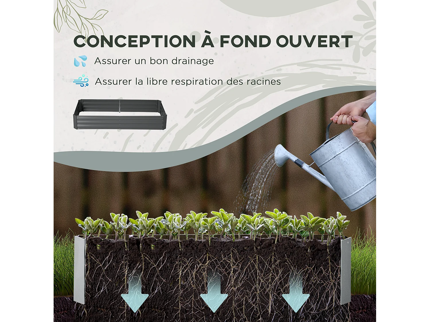 Carré potager de jardin avec tuteur modulable acier vert foncé - tôle d'acier ondulée gris clair