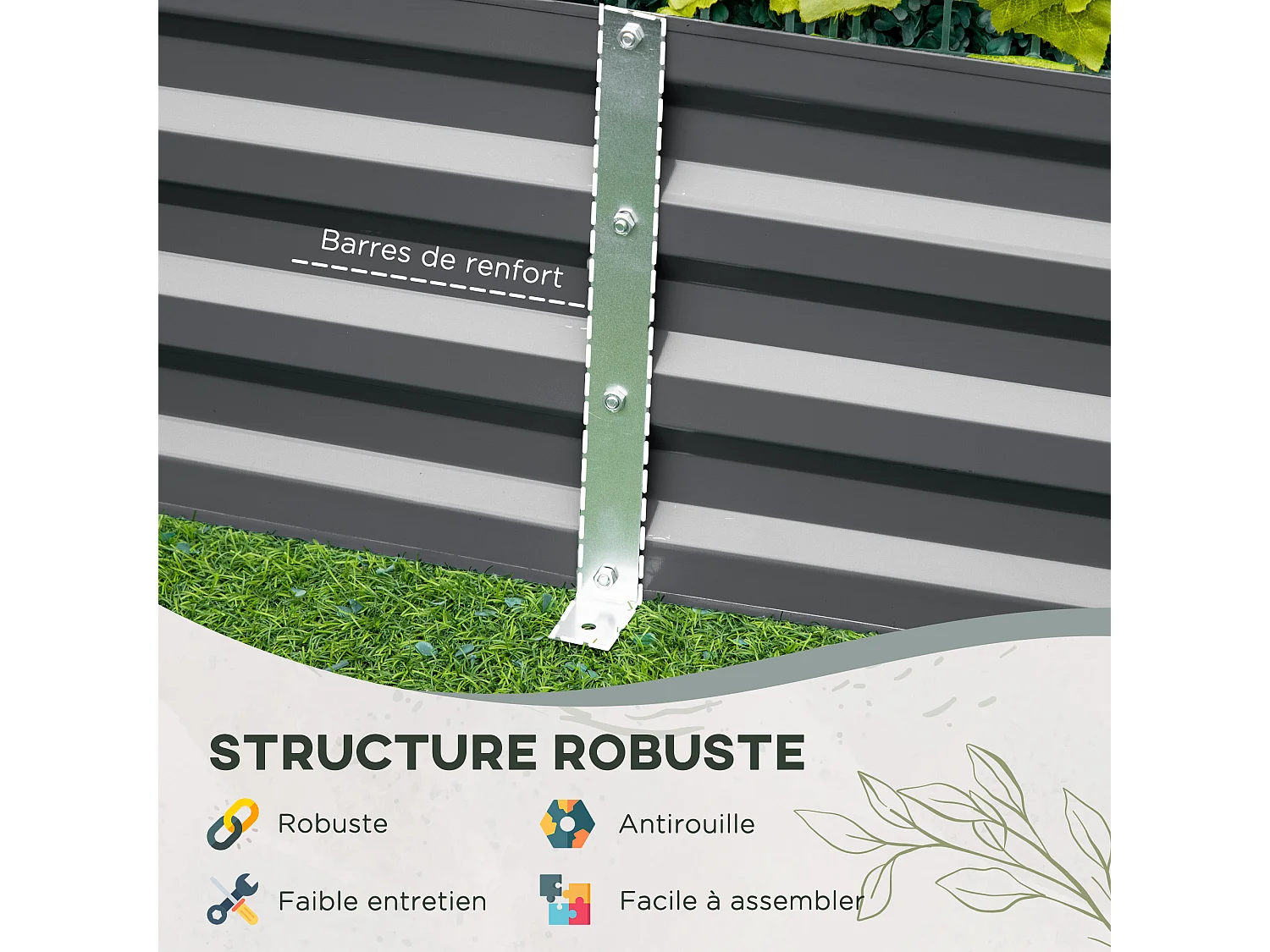 Carré potager de jardin avec tuteur modulable acier vert foncé - tôle d'acier ondulée gris clair