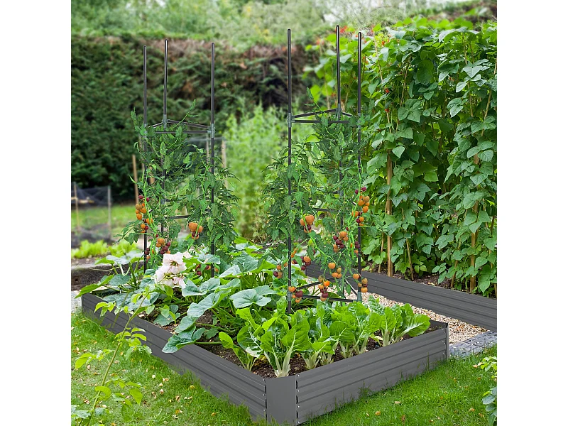 Carré potager de jardin avec tuteur modulable acier vert foncé - tôle d'acier ondulée gris clair