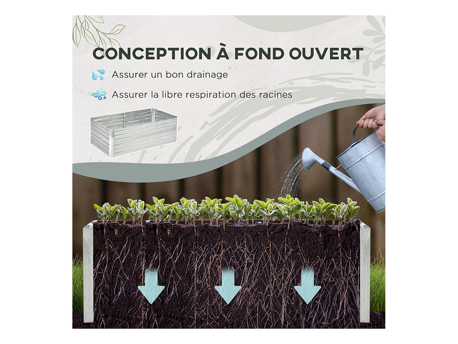 Carré potager de jardin renforcé - dim. 180L x 90l x 59H cm - tôle d'acier ondulée galvanisée