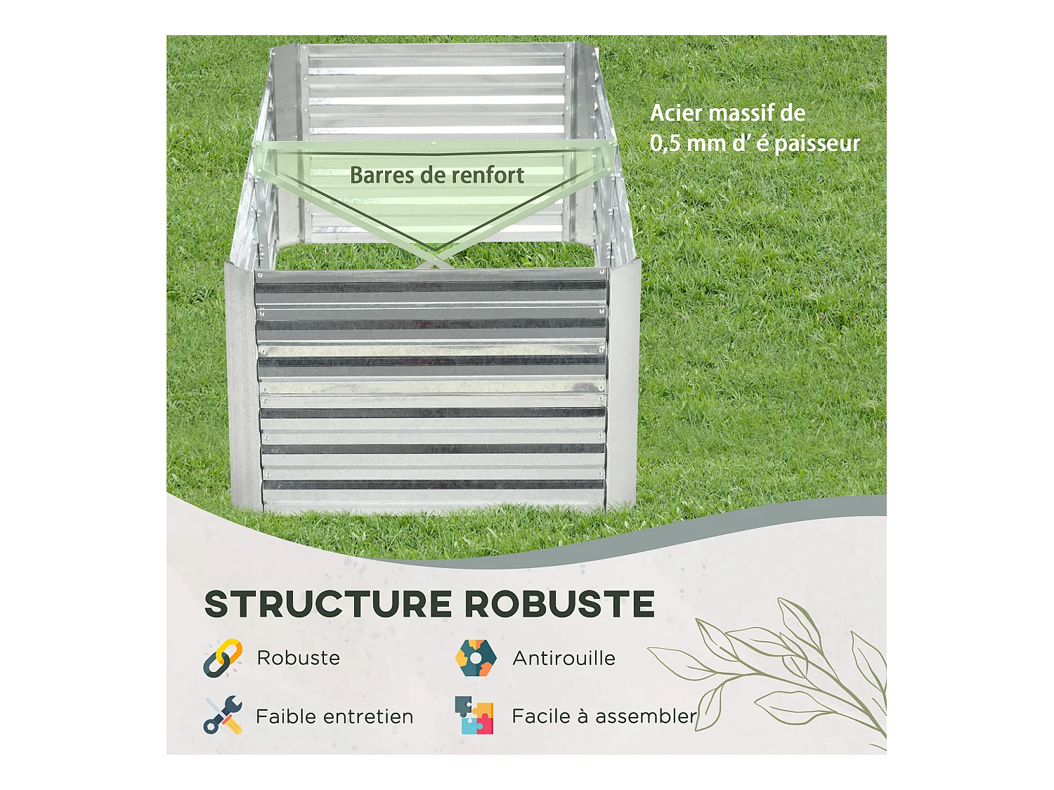 Carré potager de jardin renforcé - dim. 180L x 90l x 59H cm - tôle d'acier ondulée galvanisée