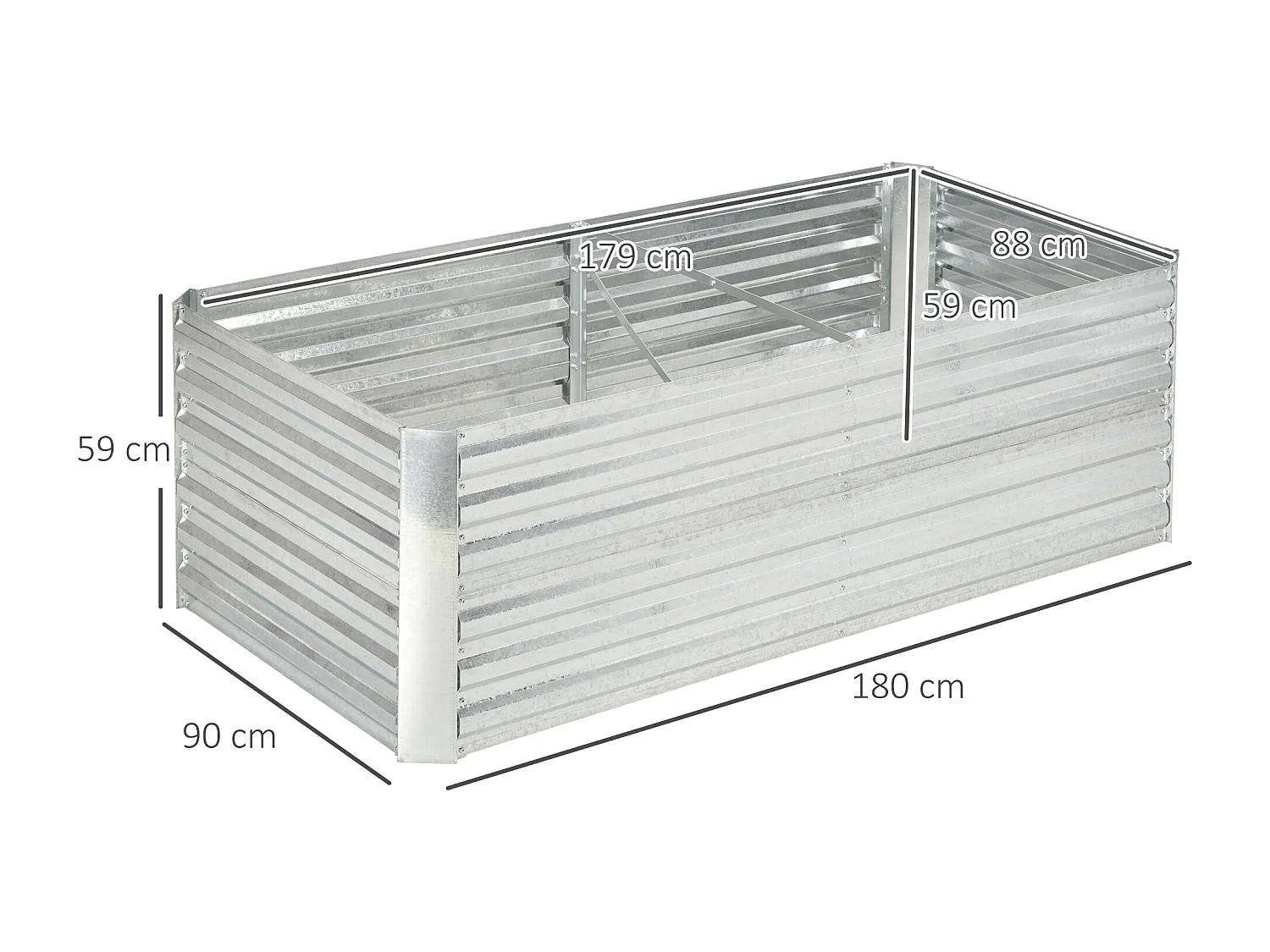 Carré potager de jardin renforcé - dim. 180L x 90l x 59H cm - tôle d'acier ondulée galvanisée