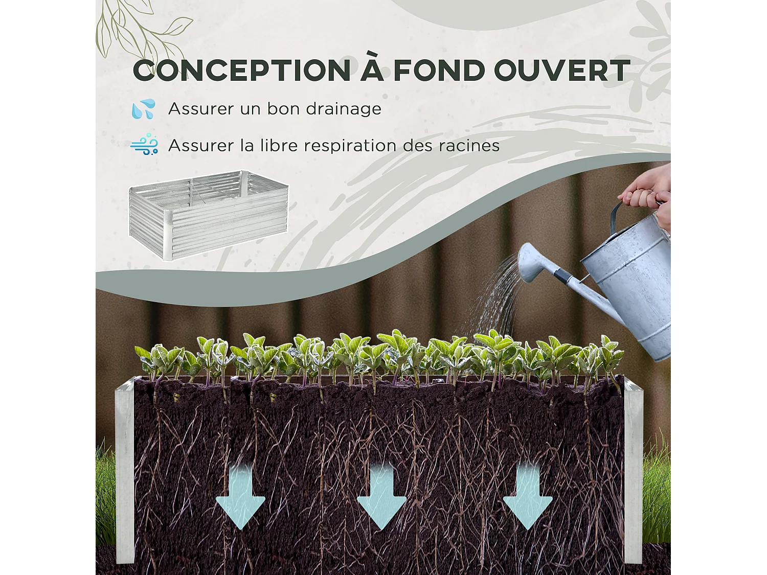 Carré potager de jardin renforcé - dim. 180L x 90l x 59H cm - tôle d'acier ondulée galvanisée