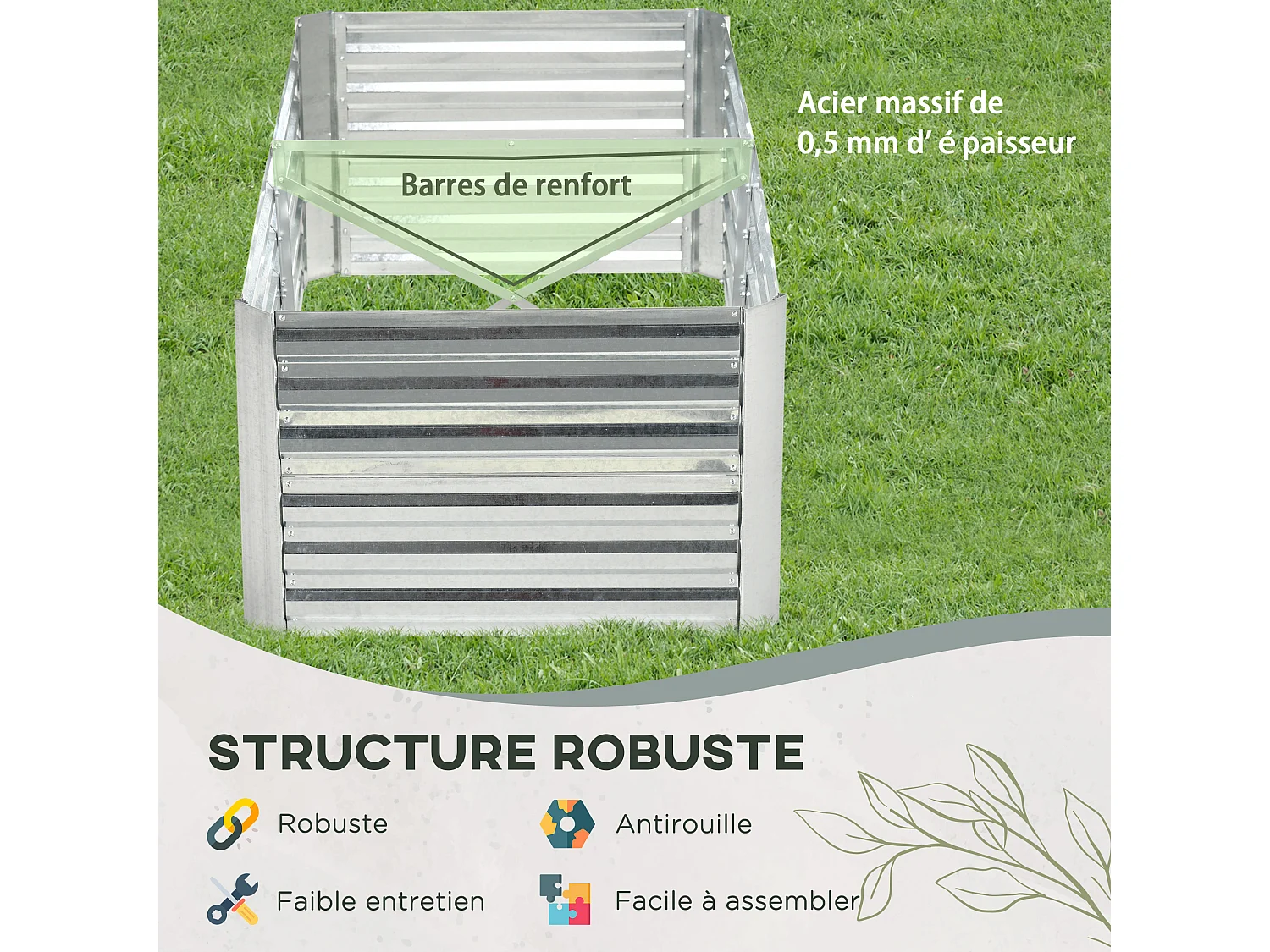 Carré potager de jardin renforcé - dim. 180L x 90l x 59H cm - tôle d'acier ondulée galvanisée