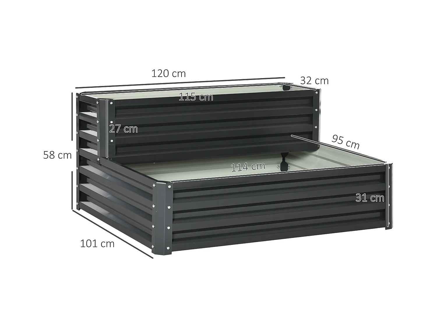 Jardinière carré potager 2 étages dim. 120L x 101l x 58H cm tôle d'acier ondulée gris foncé