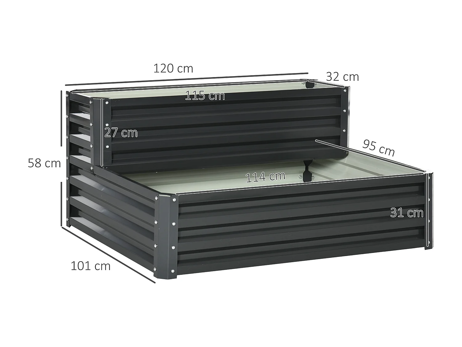 Jardinière carré potager 2 étages dim. 120L x 101l x 58H cm tôle d'acier ondulée gris foncé