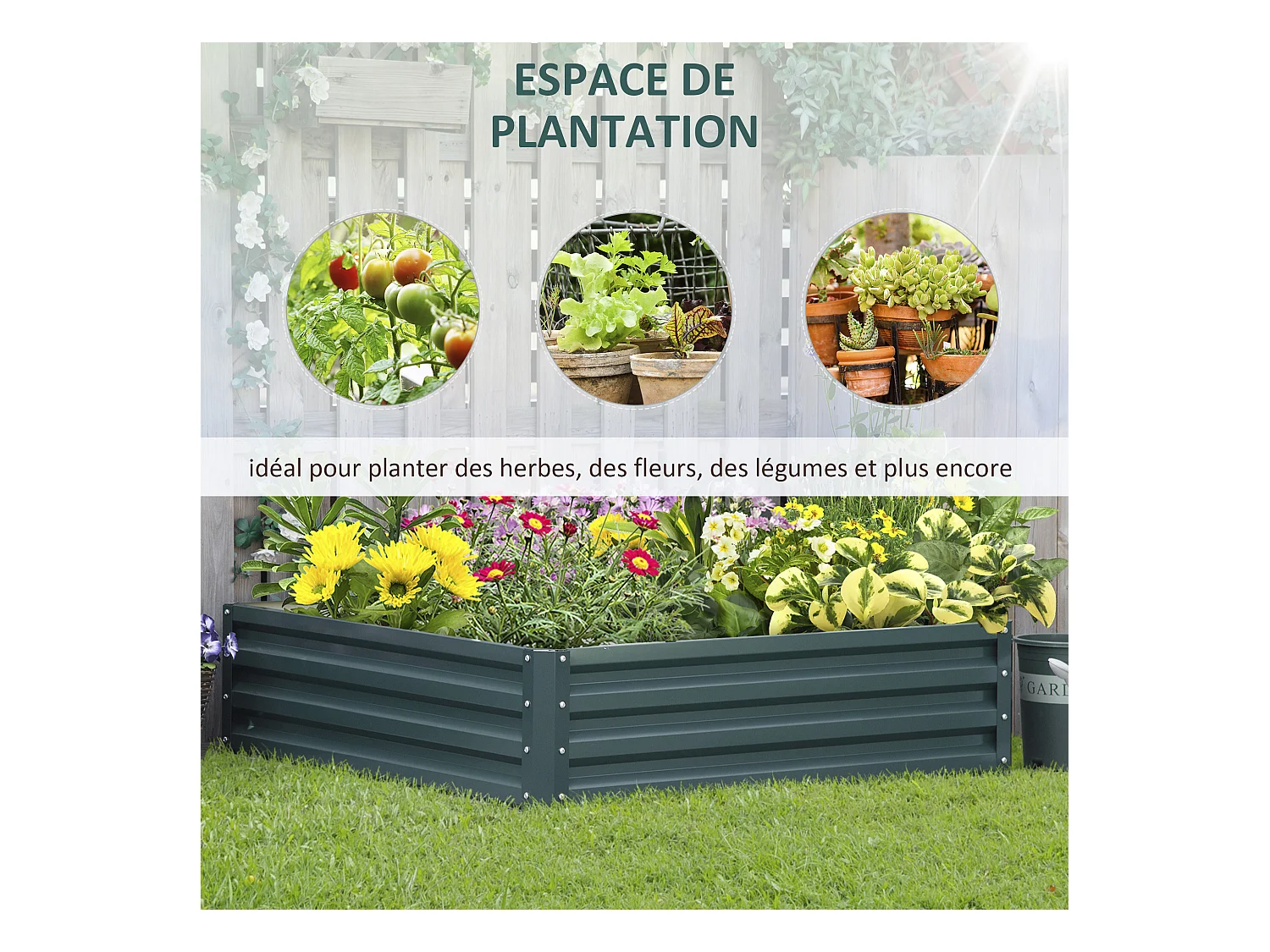 Carré potager de jardin dim. 120L x 120l x 30H cm tôle d'acier ondulée vert foncé