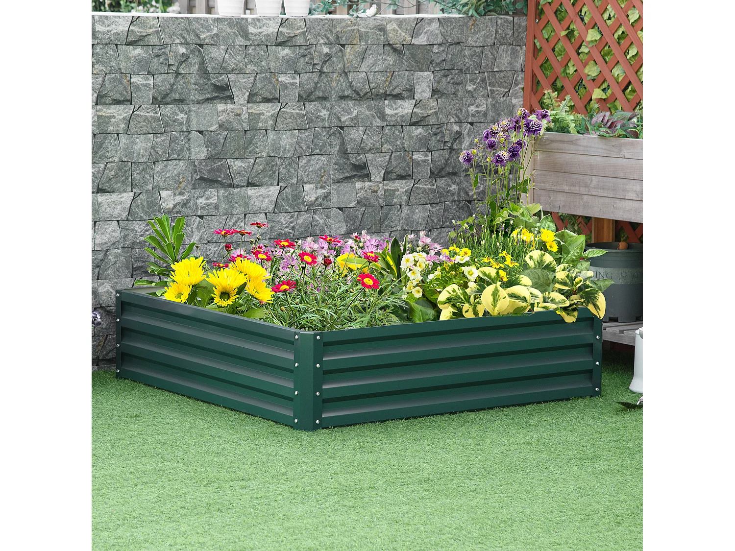 Carré potager de jardin dim. 120L x 120l x 30H cm tôle d'acier ondulée vert foncé