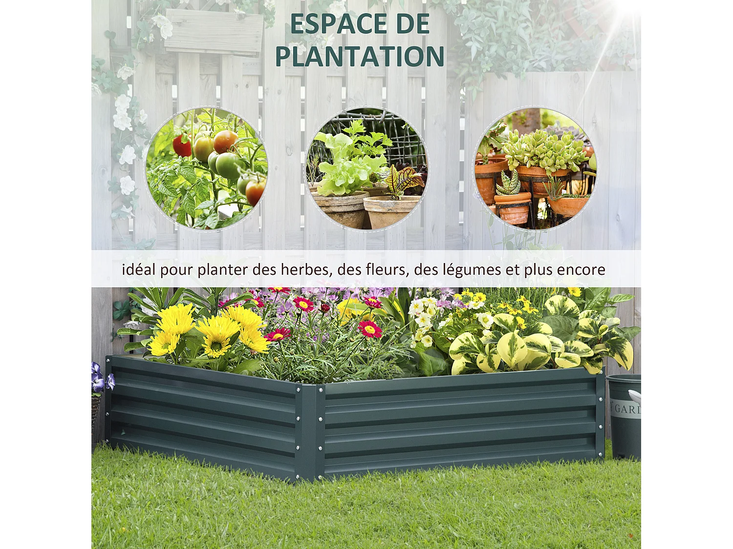 Carré potager de jardin dim. 120L x 120l x 30H cm tôle d'acier ondulée vert foncé