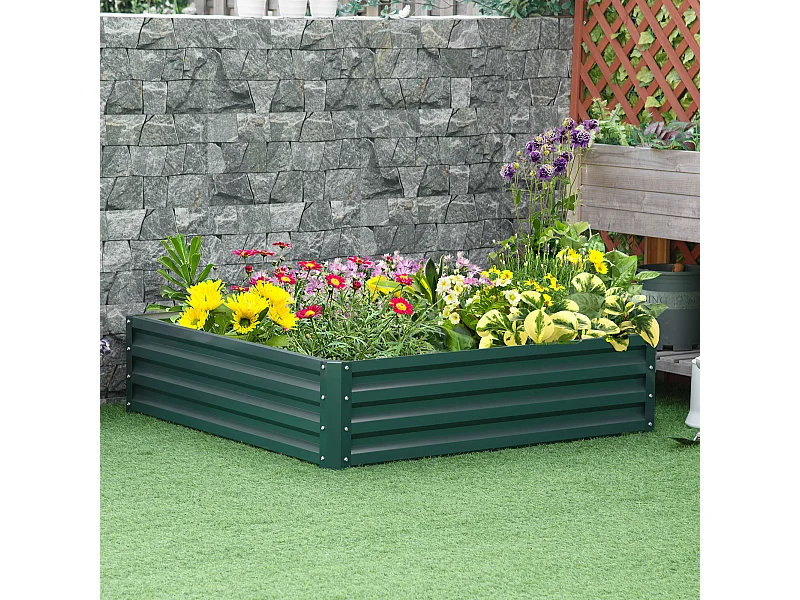 Carré potager de jardin dim. 120L x 120l x 30H cm tôle d'acier ondulée vert foncé