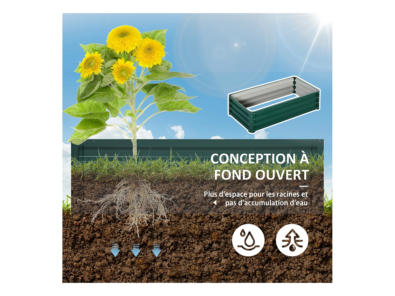 Carré potager de jardin dim. 120L x 60l x 30H cm tôle d'acier ondulée vert