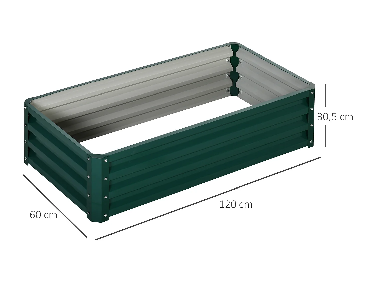 Carré potager de jardin dim. 120L x 60l x 30H cm tôle d'acier ondulée vert