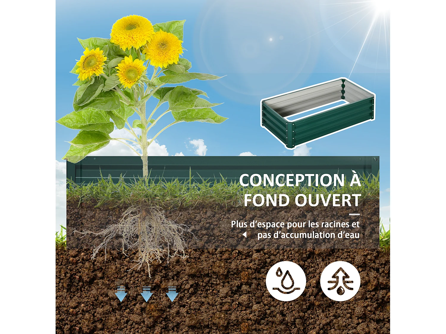 Carré potager de jardin dim. 120L x 60l x 30H cm tôle d'acier ondulée vert