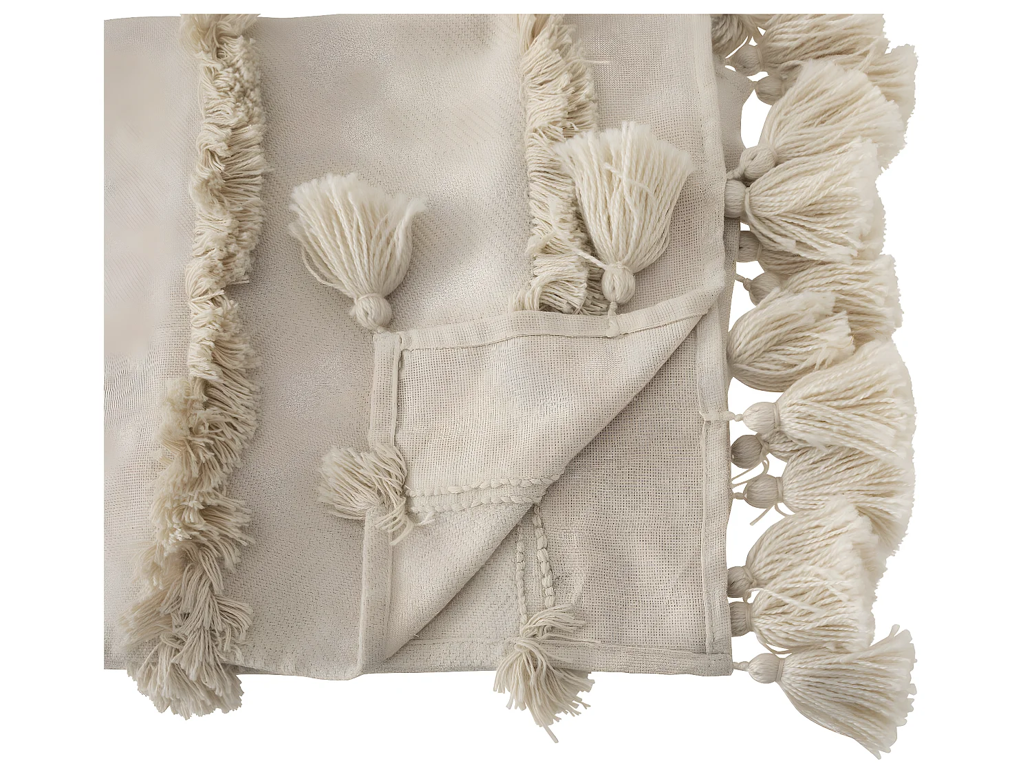 Jeté de Lit  Beige motif Tuftés et Pompons sur les cotés 130 x 180 cm