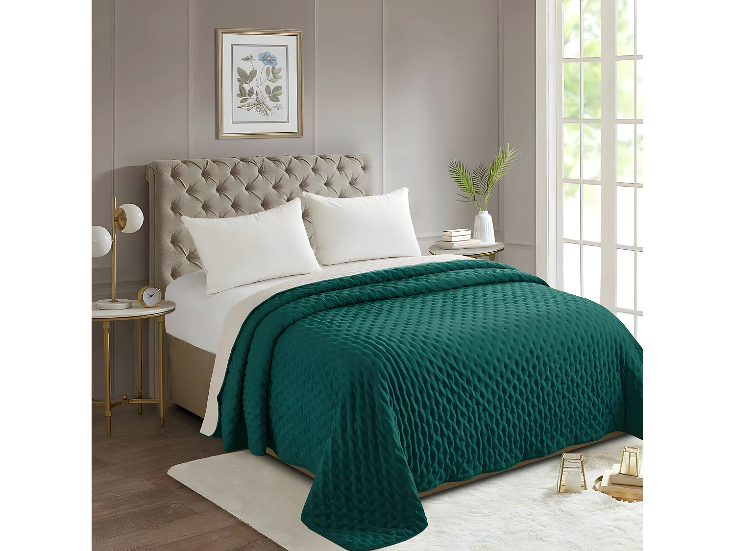 Dessus de Lit réversible Ivoire et Bleu Canard 240 x 260 cm