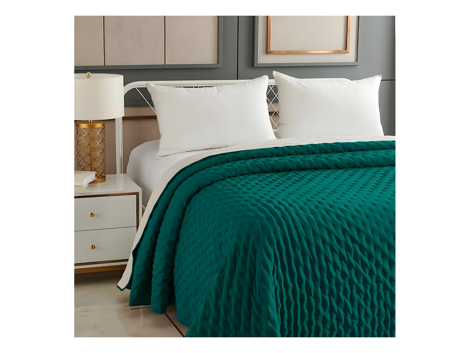 Dessus de Lit réversible Ivoire et Bleu Canard 240 x 260 cm