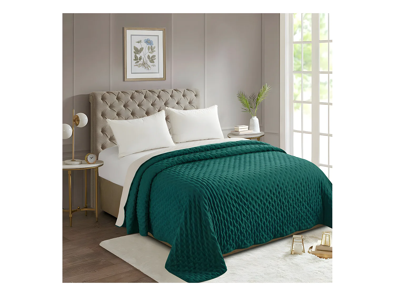 Dessus de Lit réversible Ivoire et Bleu Canard 240 x 260 cm