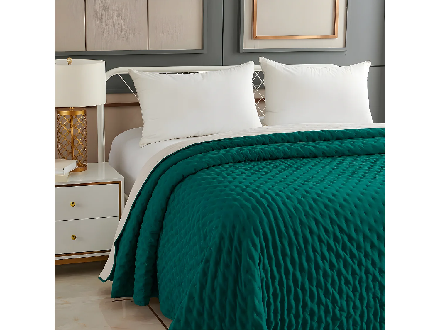 Dessus de Lit réversible Ivoire et Bleu Canard 240 x 260 cm