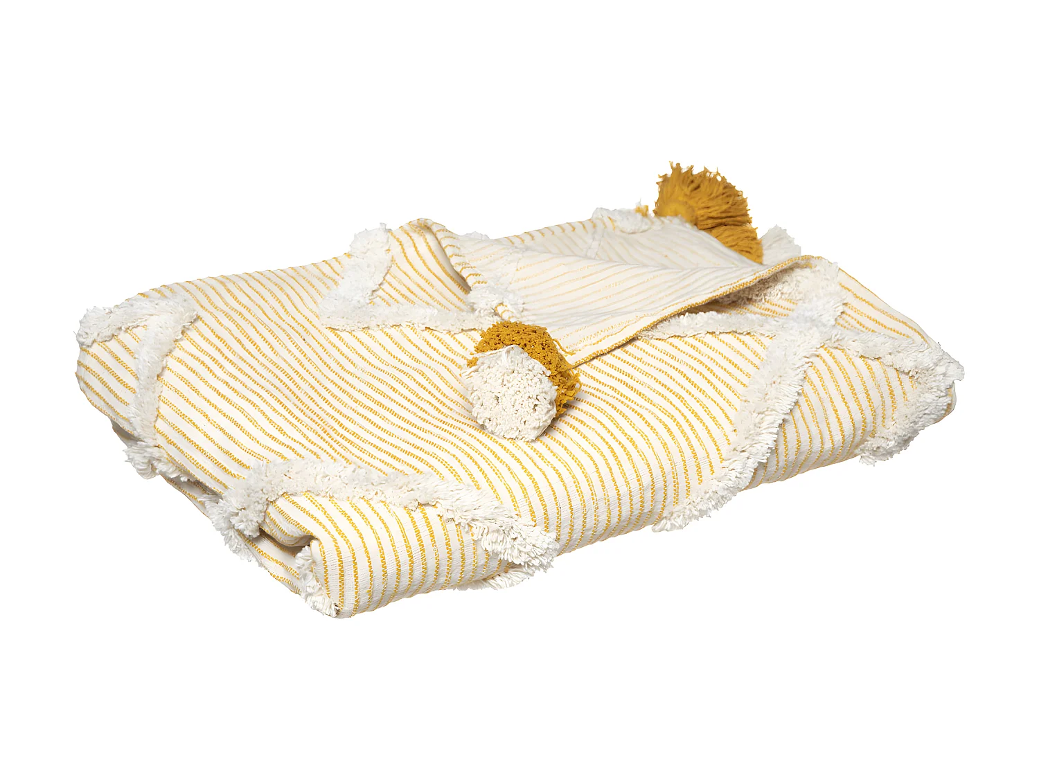 Jeté de lit en Coton Ocre tufté avec Pompons 130 x 180 cm