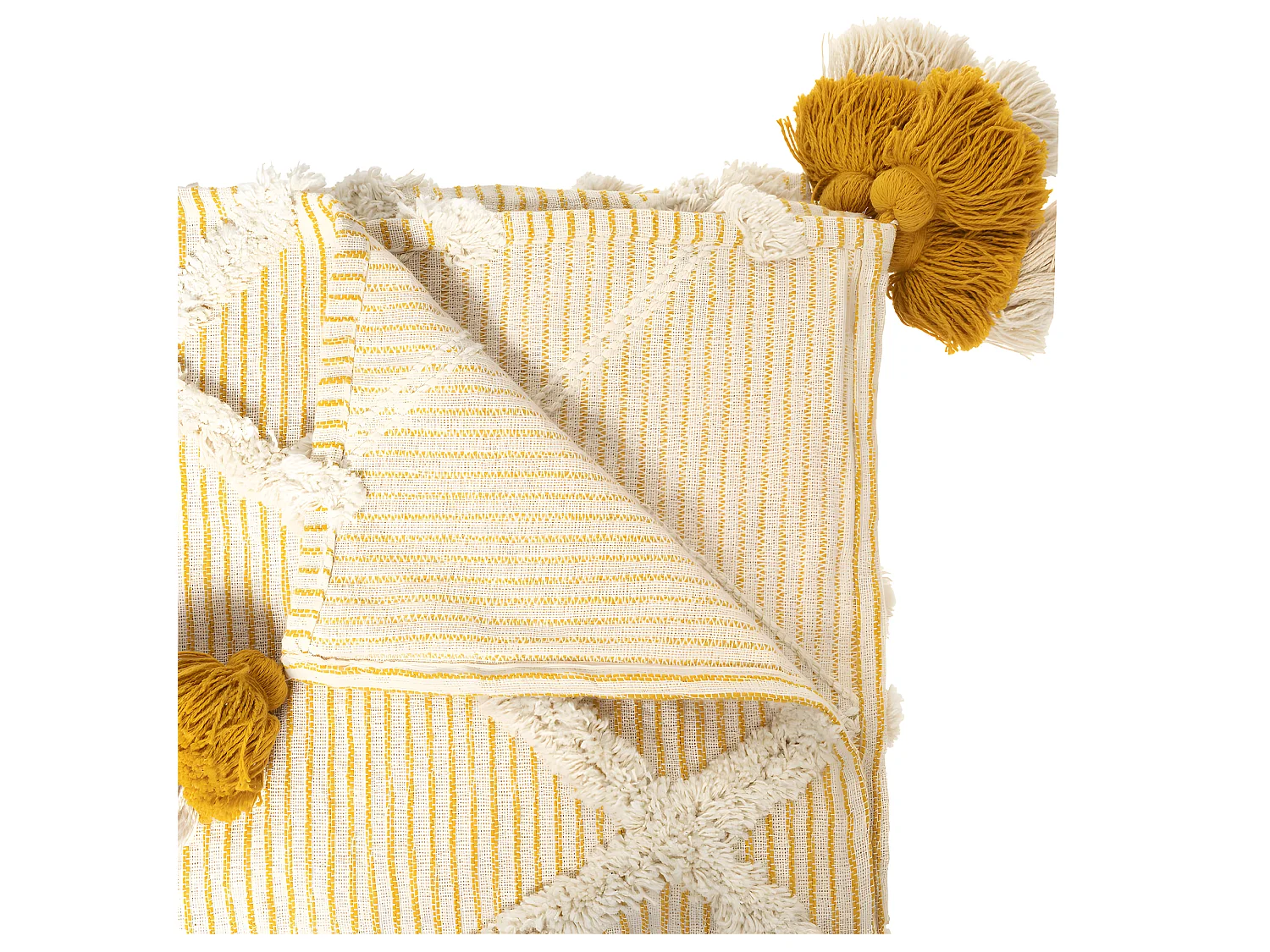 Jeté de lit en Coton Ocre tufté avec Pompons 130 x 180 cm