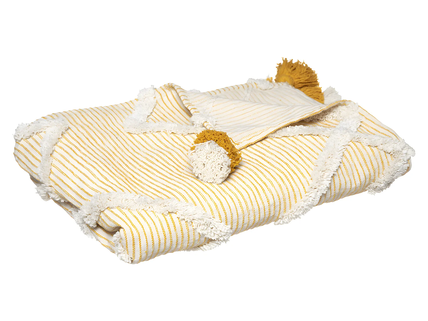 Jeté de lit en Coton Ocre tufté avec Pompons 130 x 180 cm