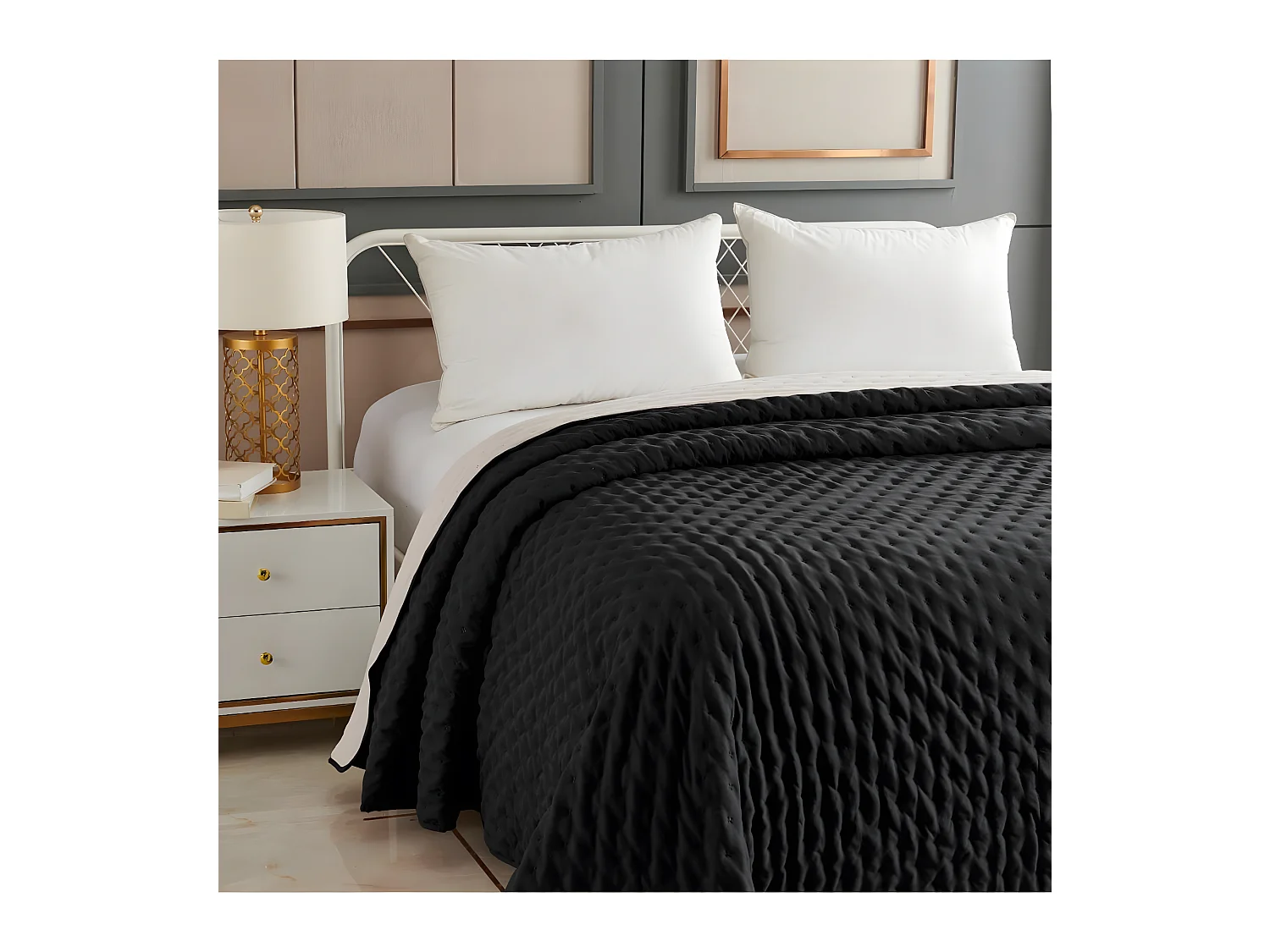 Dessus de Lit réversible Ivoire et Gris foncé 240 x 260 cm