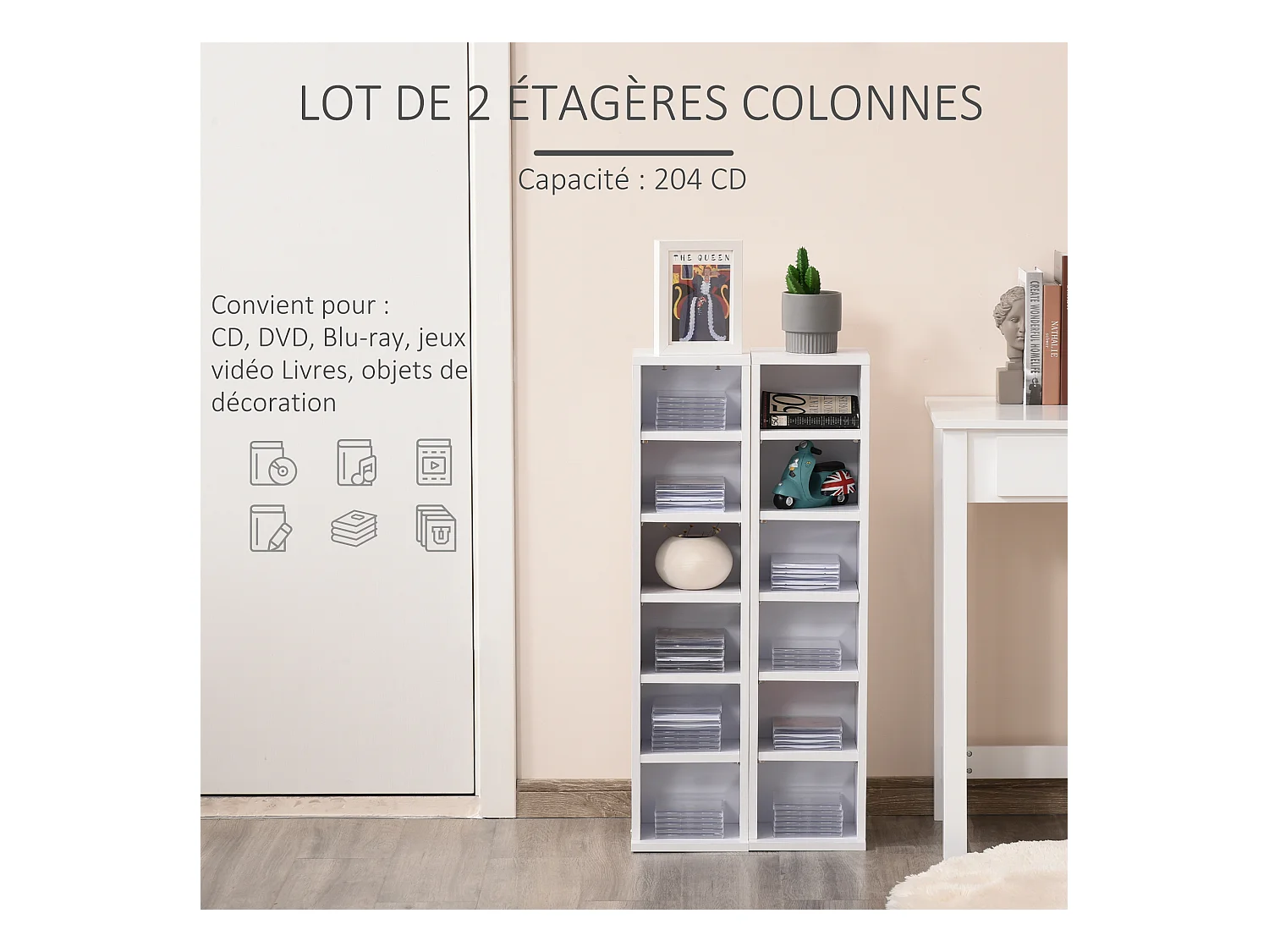 Lot de 2 étagères colonnes armoire de rangement CD 6 + 6 compartiments blanc dim. 21L x 22,5l x 88,5H cm