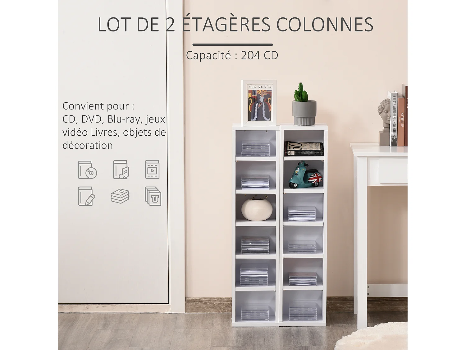 Lot de 2 étagères colonnes armoire de rangement CD 6 + 6 compartiments blanc dim. 21L x 22,5l x 88,5H cm