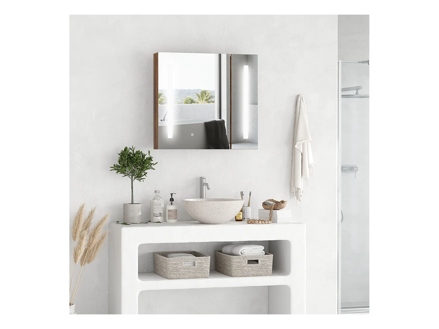 Miroir lumineux LED armoire murale design de salle de bain 2 en 1 dim. 70L x 15l x 65H cm MDF aspect bois