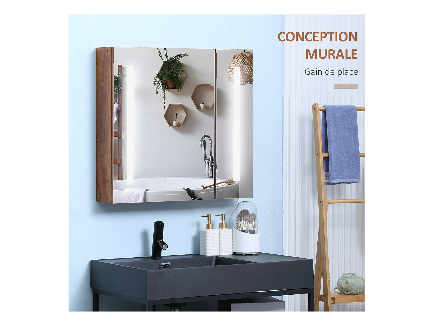 Miroir lumineux LED armoire murale design de salle de bain 2 en 1 dim. 70L x 15l x 65H cm MDF aspect bois