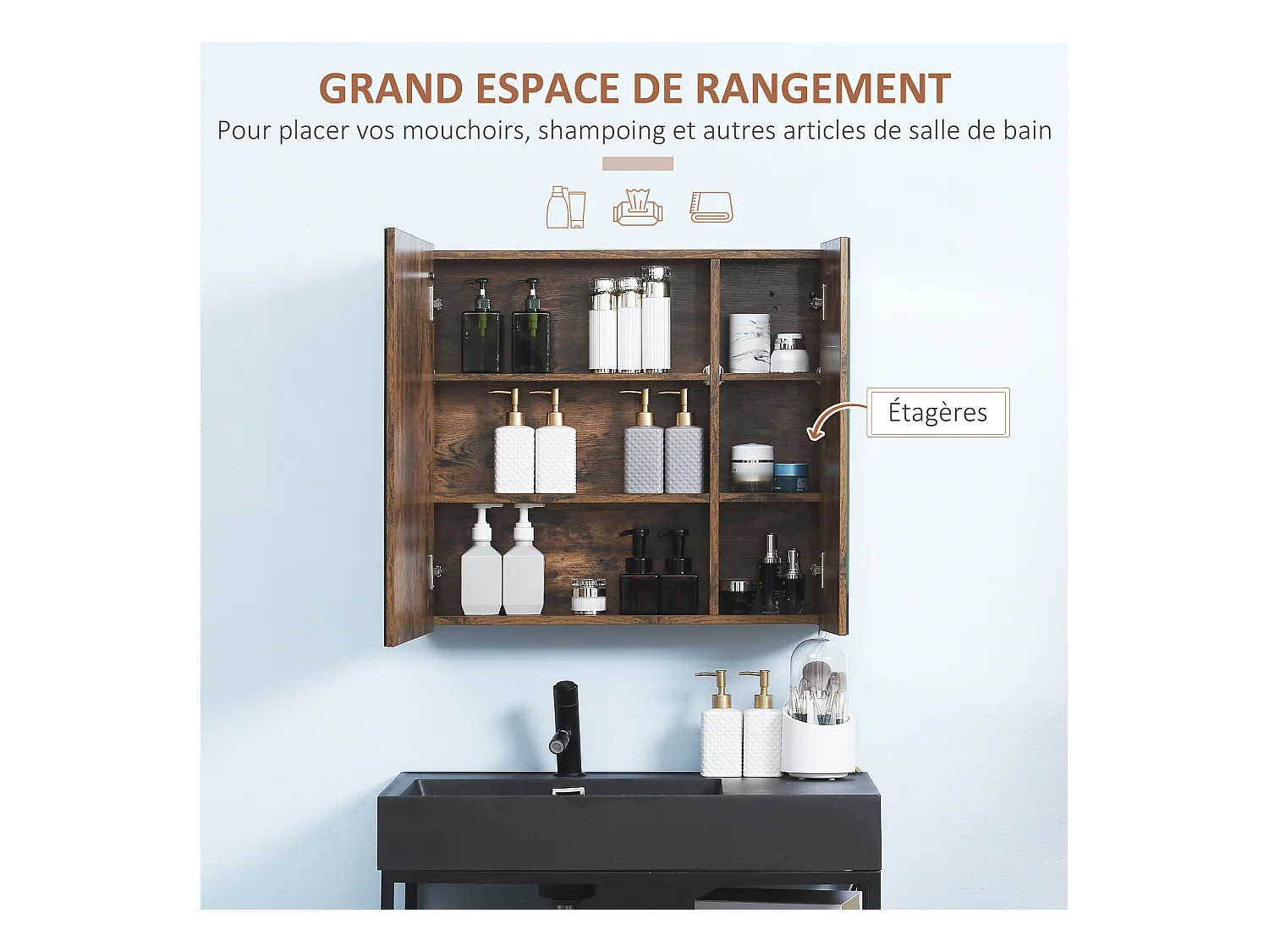 Miroir lumineux LED armoire murale design de salle de bain 2 en 1 dim. 70L x 15l x 65H cm MDF aspect bois