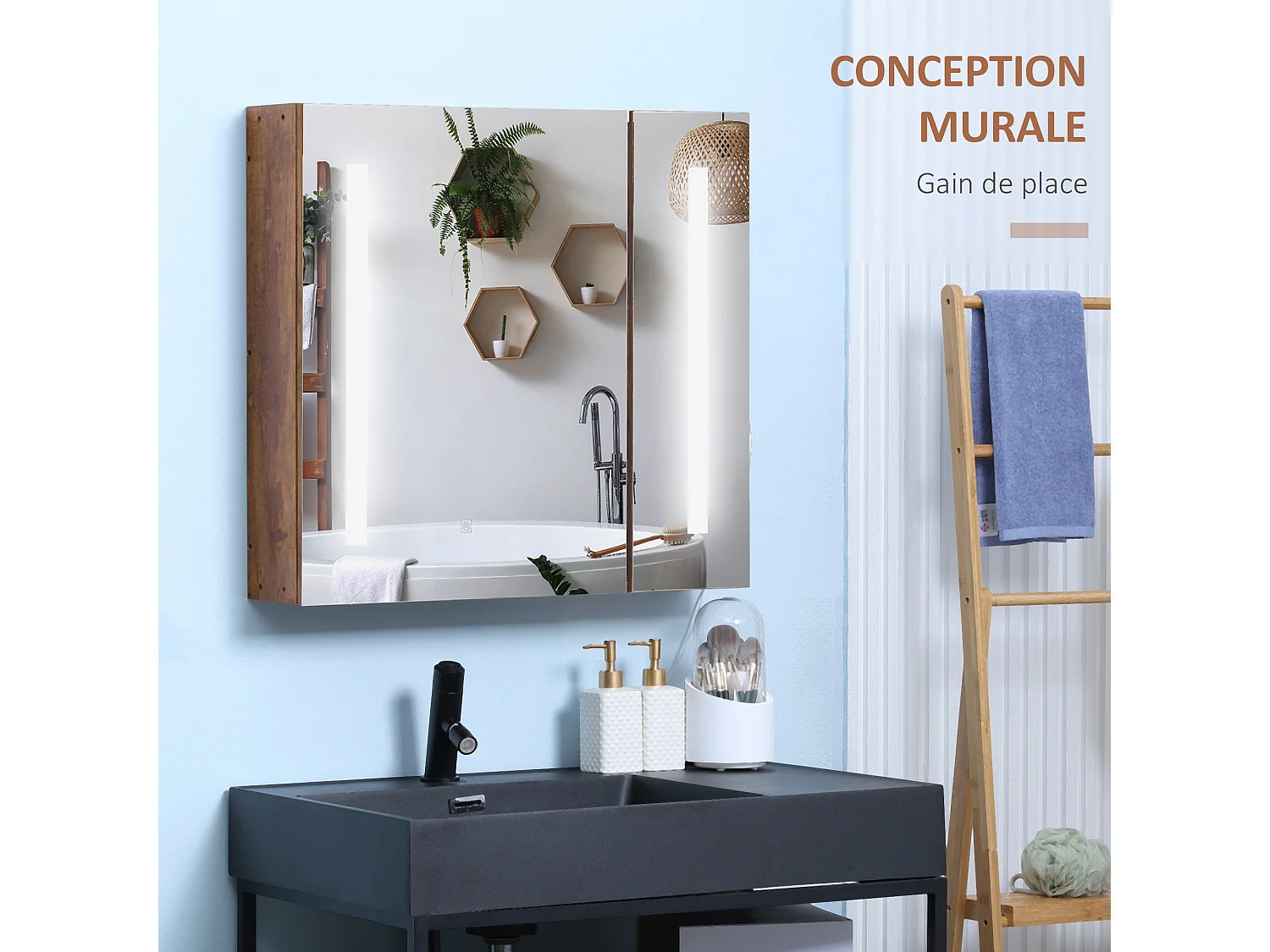 Miroir lumineux LED armoire murale design de salle de bain 2 en 1 dim. 70L x 15l x 65H cm MDF aspect bois