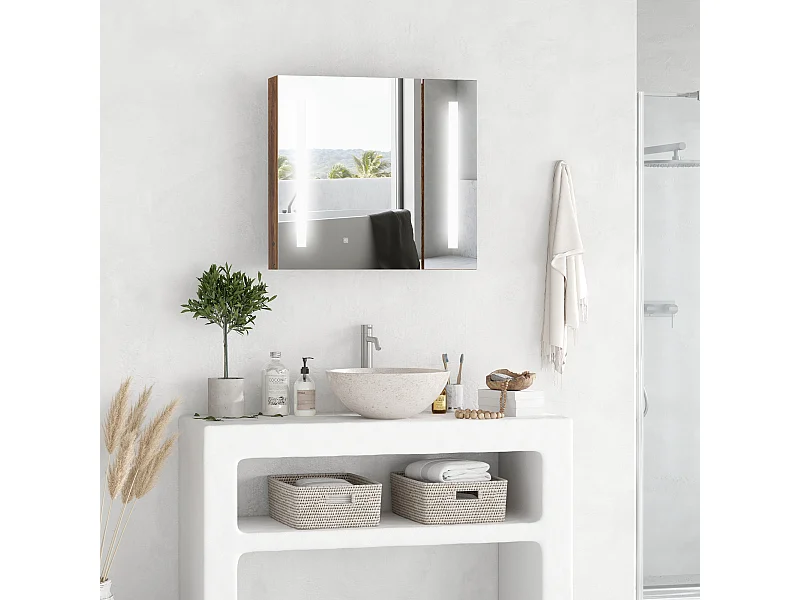 Miroir lumineux LED armoire murale design de salle de bain 2 en 1 dim. 70L x 15l x 65H cm MDF aspect bois
