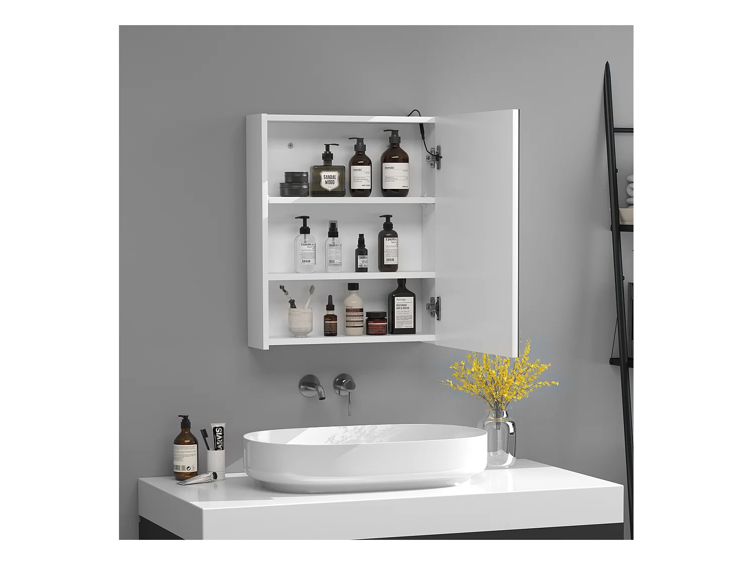 Miroir lumineux LED armoire murale design de salle de bain 2 en 1 dim. 50L x 15l x 60H cm MDF blanc