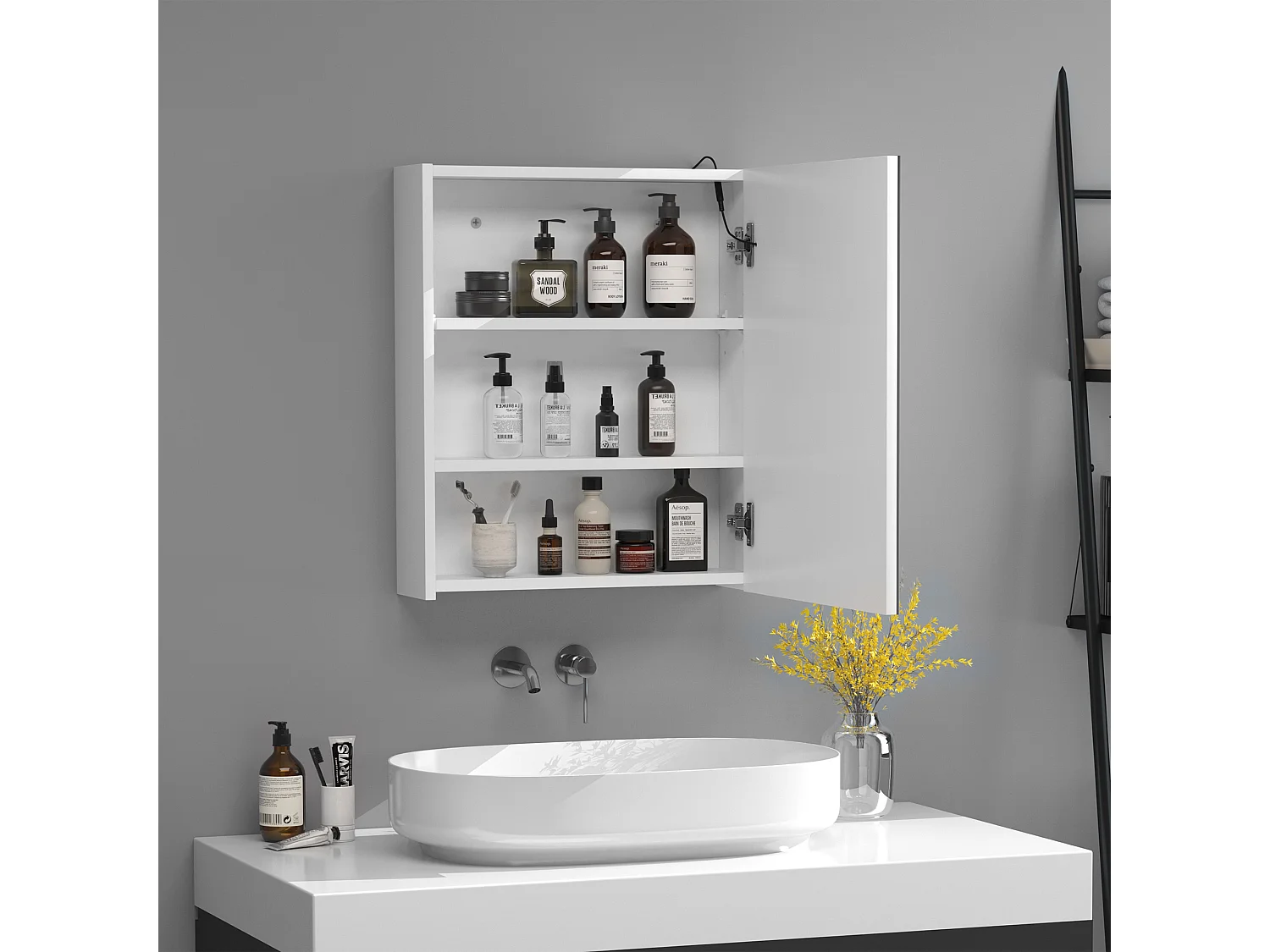 Miroir lumineux LED armoire murale design de salle de bain 2 en 1 dim. 50L x 15l x 60H cm MDF blanc
