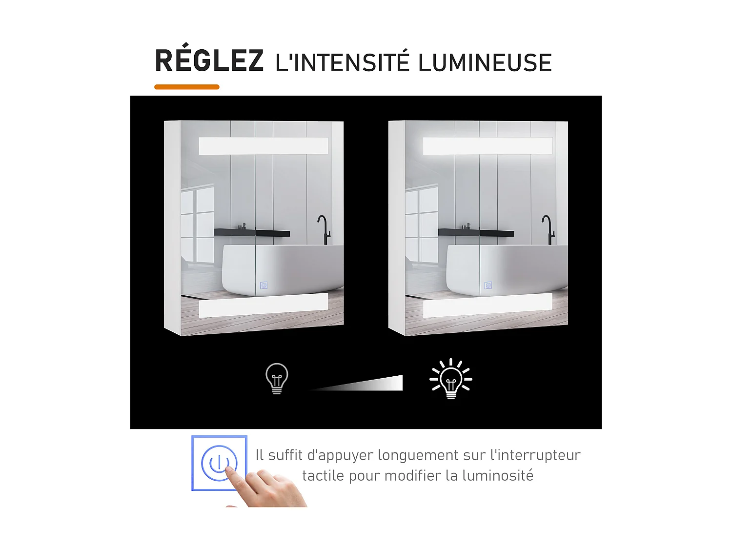 Miroir lumineux LED armoire murale design de salle de bain 2 en 1 dim. 50L x 15l x 60H cm MDF blanc