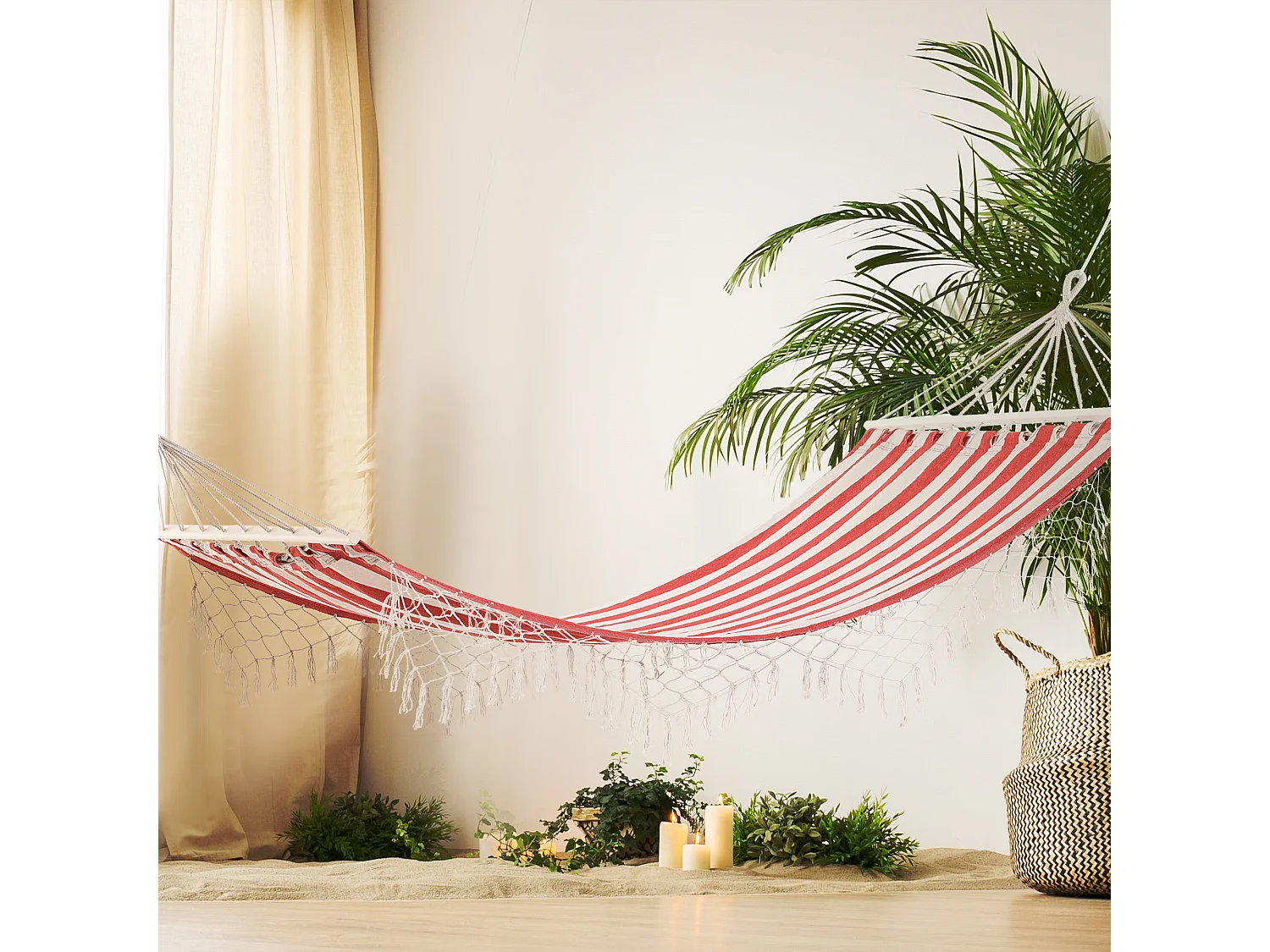 Hamac de voyage portable style hippie chic toile de hamac dim. 2L x 1l m coton polyester rouge crème rayé