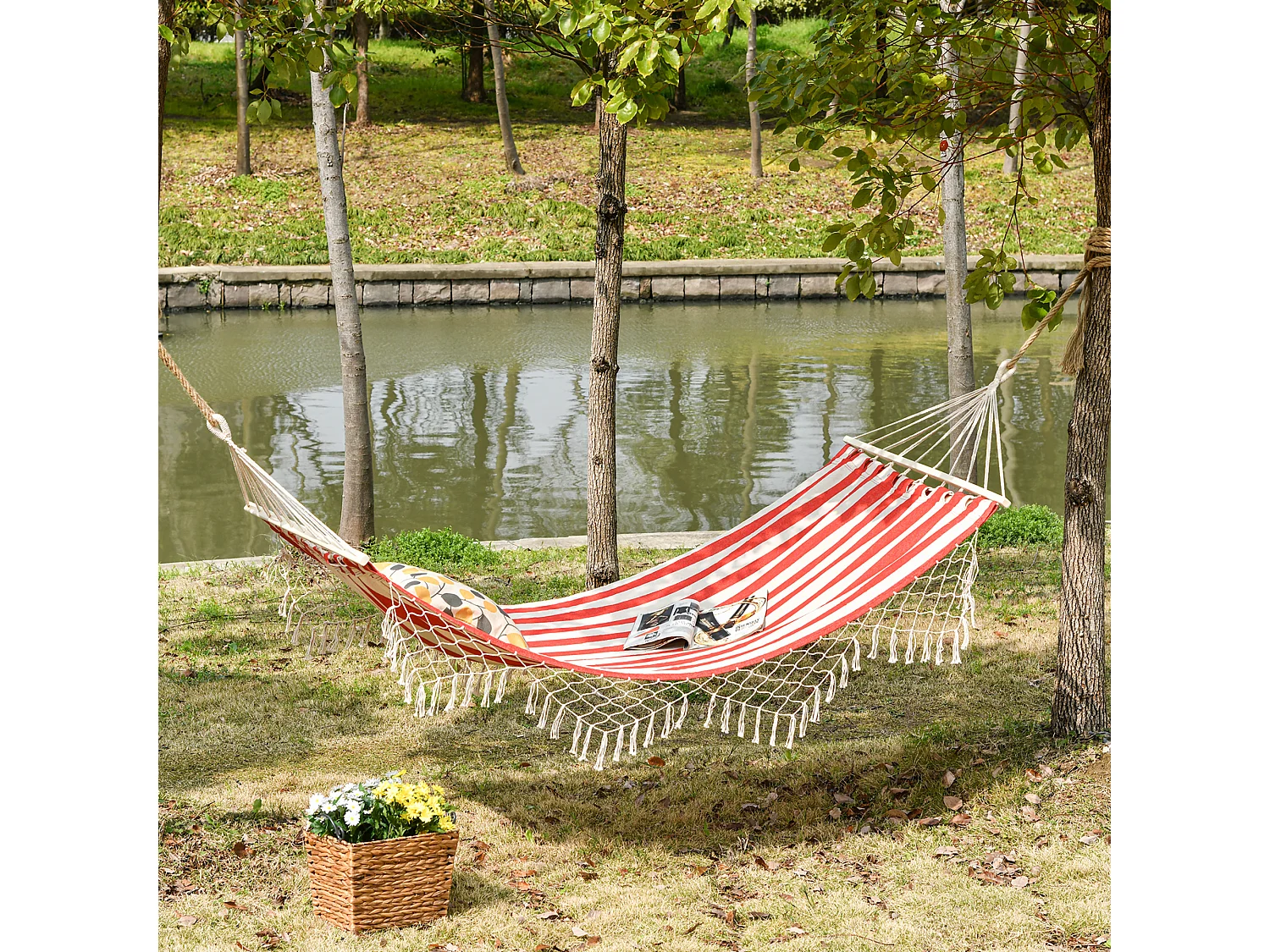 Hamac de voyage portable style hippie chic toile de hamac dim. 2L x 1l m coton polyester rouge crème rayé