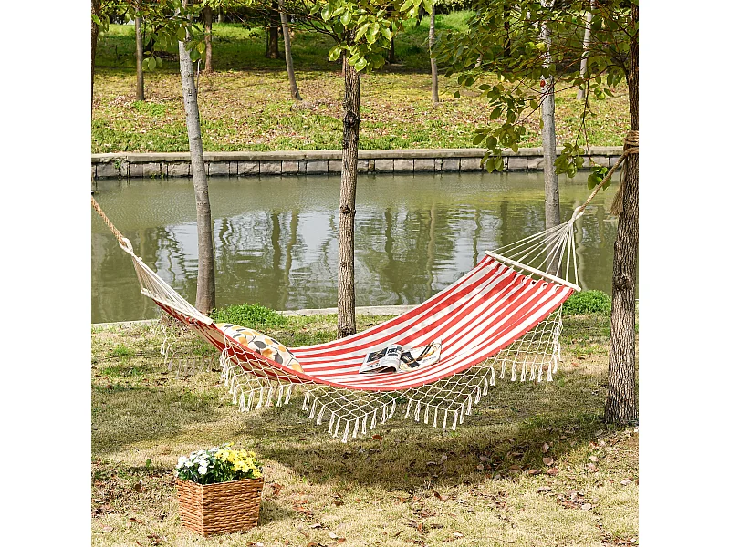 Hamac de voyage portable style hippie chic toile de hamac dim. 2L x 1l m coton polyester rouge crème rayé