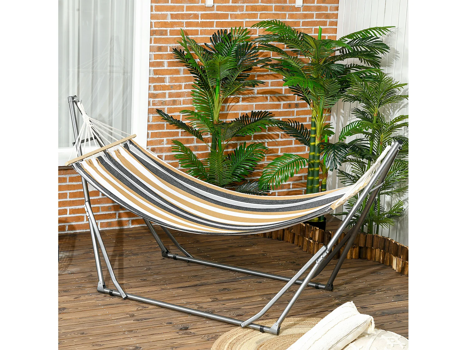Hamac de jardin pliable avec support acier époxy et toile coton lin marron noir gris blanc