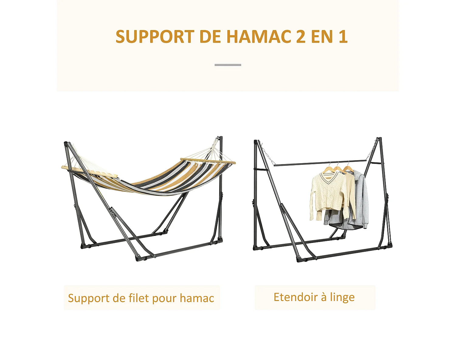Hamac de jardin pliable avec support acier époxy et toile coton lin marron noir gris blanc